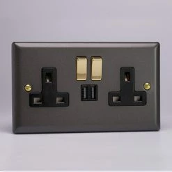Revive Lighting Revive Twin Plug Socket With USB - Slate/Brass