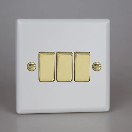 Revive Lighting Revive 3 Gang 2 Way Light Switch - Matt White/Brass 1 Revive Lighting Revive 3 Gang 2 Way Light Switch - Matt White/Brass