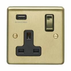 Revive Lighting Revive 1 Gang Switched Socket With USB - Brushed Brass