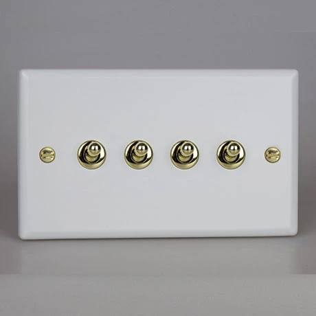 Revive Lighting Revive 4 Gang 2 Way Toggle Switch - Matt White/Brass 1 Revive Lighting Revive 4 Gang 2 Way Toggle Switch - Matt White/Brass