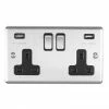 Revive Lighting Revive Twin Plug Socket With USB Satin Steel/Black