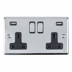 Revive Lighting Revive Twin Plug Socket With USB Polished Chrome/Black