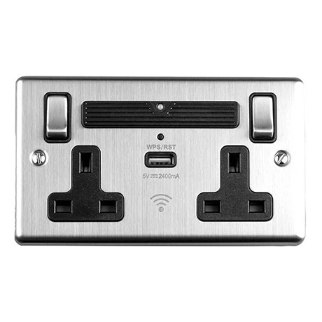 Revive Lighting Revive Twin Plug Socket With USB & WiFi Extender Satin Steel/Black 1 Revive Lighting Revive Twin Plug Socket With USB & WiFi Extender Satin Steel/Black