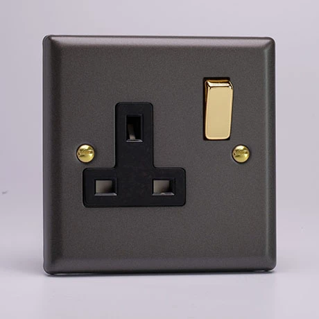 Revive Lighting Revive 1 Gang Switched Socket - Slate Grey/Brass 1 Revive Lighting Revive 1 Gang Switched Socket - Slate Grey/Brass