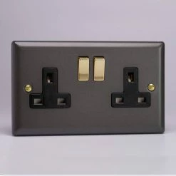 Revive Lighting Revive 2 Gang Switched Socket - Slate/Brass