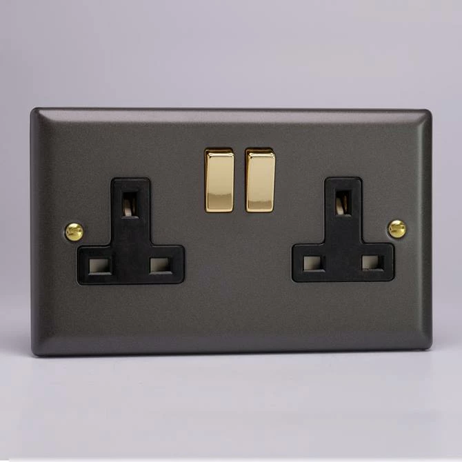 Revive Lighting Revive 2 Gang Switched Socket - Slate/Brass 1 Revive Lighting Revive 2 Gang Switched Socket - Slate/Brass